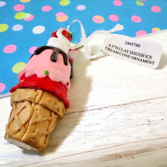 GERSON Ice Cream Cone Christmas Ornament CLAY DOUGH Cherry on Top New 4.5 - Picture 2 of 8